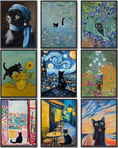 9Pcs Funny Black Cat Wall Art,Retro Black Cats in Famous Paintings Posters Prints,Cute Colorful Cats Aesthetic Pictures Wall Decor for Bathroom Bedroom Dorm Home Decor (8X10 Unframed) - size: 8"L x 10"W