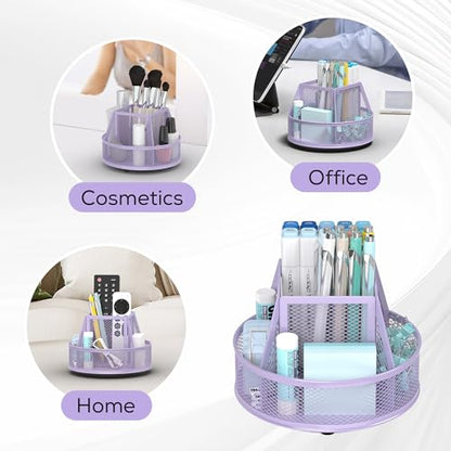 YINGHUA Metal Mesh Desk Organizer with 5 Compartments and Rotating Pencil Holder Pen and Stationery Organizer for Office Home School Anti Slip Base Purple - color: Purple