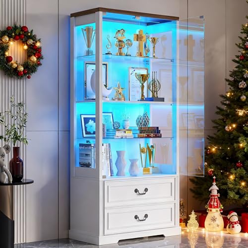 TAGELIER 67" Tall Display Cabinet with Glass Doors and 2 Drawers | Curio Cabinet with Motion Sensor, Led Light Display Cases for Collectibles and Books, China Display Shelf for Living Room - color: 97047-white