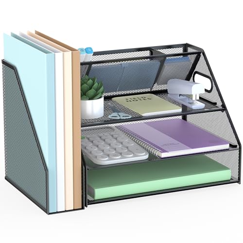 Docnest 3 Tier Metal Mesh Desk Organizer - Letter Tray with Built-in Pen Holder & Handle, Black - color: 3 Tier with File Holder-Black