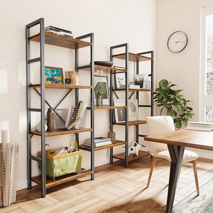 SUPERJARE Triple Bookshelf, Bookcase with 11 Open Display Shelves, Wide Book Shelf Book Case for Home & Office, 4 Tier, Brown - color: Rustic Brown, size: 4 Tier