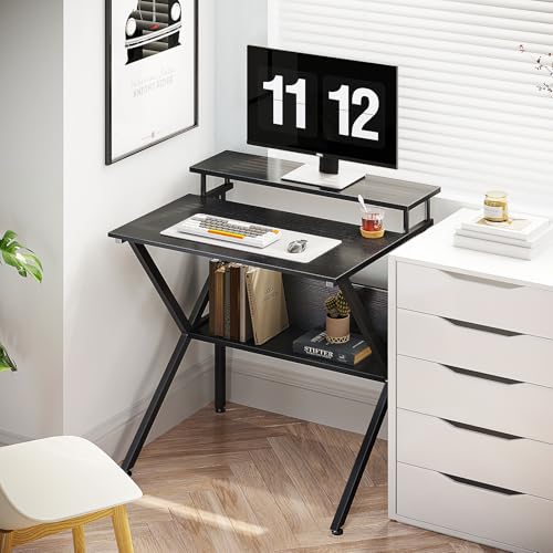 ODK Small Desk, 27.5 Inch Computer Desk for Small Spaces, Study Desk with Storage & Monitor Stand, Black - color: Black