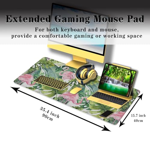 Gaming Mouse Pad Game Mat Pc Mouse Pads Large Desk Pads Computer Desk Pad Waterproof Non-Slip Rubber Base 35.4" X 15.7" for Game Office, Watercolor Tropical Palm Tree with Flamingo - color: Watercolor Tropical Palm Tree With Flamingo