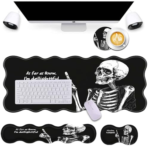 Bxgolkgd Desk Mat Set,Mouse Pad with Keyboard Wrist Rest & Mouse Wrist Rest,Wave-Shaped Design,Non-Slip Rubber Base,Ergonomic Desk Mat for Home,Office,Gaming,Skull Skeleton Black Background - color: Skull Skeleton Black Background