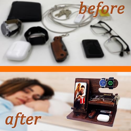 VEIYAILU Gifts for Men Women Brother Boss Boyfriend Him Nightstand Organizer Gifts for Dad from Daughter Son Wood Phone Docking Station (Dark Brown) - color: dark brown