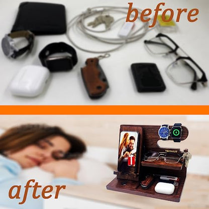 VEIYAILU Gifts for Men Women Brother Boss Boyfriend Him Nightstand Organizer Gifts for Dad from Daughter Son Wood Phone Docking Station (Dark Brown) - color: dark brown
