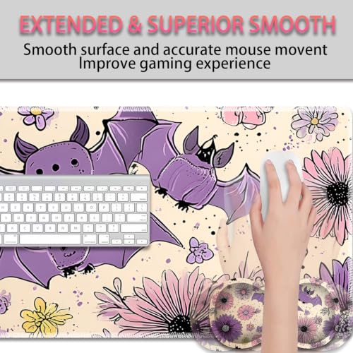 Large Gaming Mouse Pad + Wrist Rest+ Coaster Combo, 31.5 "x 11.8" Durable Non-Slip Extension Table Mat, Suitable for Office and Home, Halloween Bat Flower - color: Halloween Bat Flower