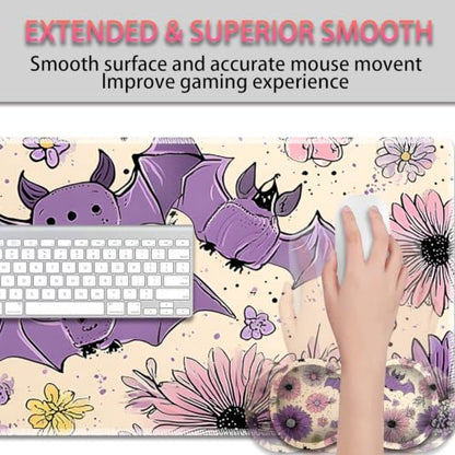 Large Gaming Mouse Pad + Wrist Rest+ Coaster Combo, 31.5 "x 11.8" Durable Non-Slip Extension Table Mat, Suitable for Office and Home, Halloween Bat Flower - color: Halloween Bat Flower