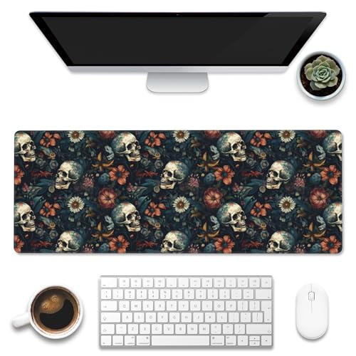 Desk Mat,Skulls with Flowers Large Gaming Mouse Pad XL,Skull Floral Desk Pad,Extended Big Computer Keyboard Mousepad with Non-Slip Base and Stitched Edges 31.5"x11.8" - color: Skulls With Flowers, size: XL-31.5"x11.8"