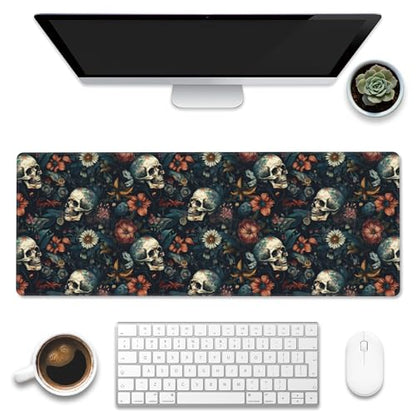Desk Mat,Skulls with Flowers Large Gaming Mouse Pad XL,Skull Floral Desk Pad,Extended Big Computer Keyboard Mousepad with Non-Slip Base and Stitched Edges 31.5"x11.8" - color: Skulls With Flowers, size: XL-31.5"x11.8"