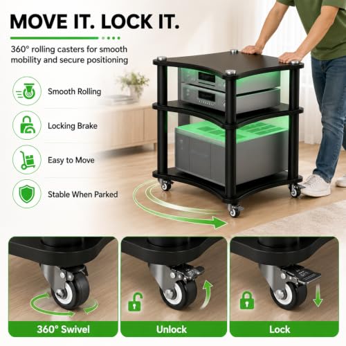3-Tier AV Media Stand with LED Lights, Heavy Duty Mobile Stereo Cabinet Stand with Wheels, Wooden Stereo Rack, Audio Rack Furniture Perfect for DVD Player/Game Console (with Lights, 3 Tier) - color: With Lights, size: 3 Tier