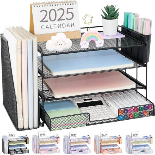 OPNICE Desk Organizer, 4-Tier Desktop File Organizer with Drawer and 2 Pen Holders, Office Desk Accessories, File Sorters, Workspace Organizers for Office Supplies(Black) - color: Black, size: 4-tier