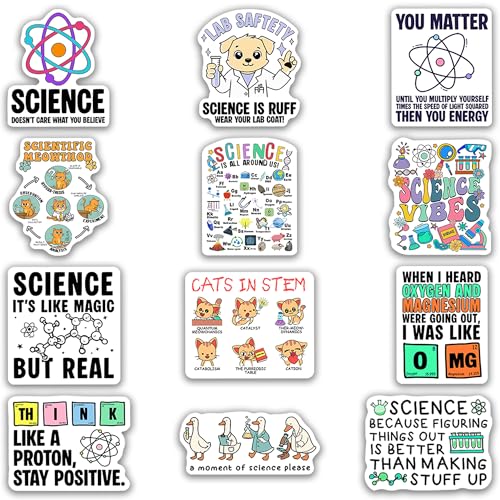 Science Stickers Pack 12pcs for Students, Science Vinyl Stickers for Kids Teens, Science Decals for Classroom, Laptop, Water Bottle, School Supplies - color: Science