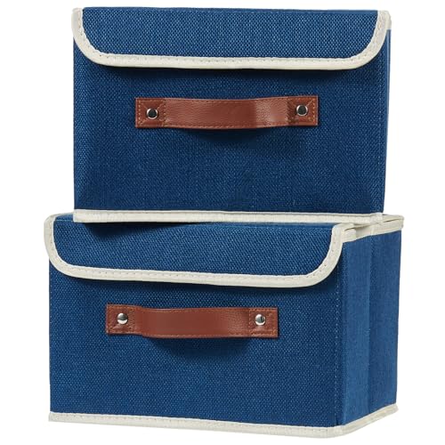 2PCS Storage Boxes with Lid Cotton Linen Fabric Storage Bins Organizer Container Decorative Collapsible Washable Shelf Closet Baskets Faux Leather Handles Home Bedroom (Deep Blue, Small) - color: Deep Blue, size: Small (Set of 2)