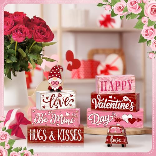 8Pcs Valentine's Day Table Decor Set, Rustic Wooden Love Hugs & Kisses and Happy Valentine's Day Tiered Tray Decorations, Farmhouse Wooden Stack Block Signs with Hearts Gnome for Home Kitchen Office - style: Pink Gnome Valentine's Day