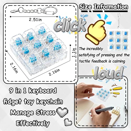 Keyboard Fidget Toy, Keyboard Keychain Fidget Toys, 9-in-1 Clicker Fidget Toy, Stress Relief Desk Decompression Button, Anxiety Relief Valentine's Day Gifts (Clear) - color: Clear