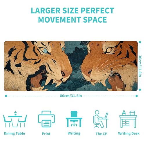 Tiger Gaming Mouse Pad Abstract Yellow Mouse Pad 31.5x11.8 Inch Fierce Claws and Teeth Non-Slip Rubber Base Large Mousepad Stitched Edges Keyboard Mouse Mat Desk Pad for Office and Home - color: Tiger