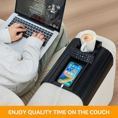 GEHE Bamboo Couch Cup Holder, Anti-Spill Sofa Arm Tray, Natural and Easy to Clean Couch Arm Cup Holder Armrest Tray Perfect for Cups, Beers, Snacks, Remote Control, Drinks - color: Black