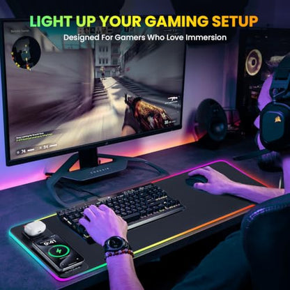 Gimars Upgrade 3 in 1 RGB Mouse Pad with 15W Magnetic Fast Wireless Charging, 31.5x11.8x0.16in Gaming Mousepad, 15 Color Modes, Waterproof Non-Slip XXL Desk Mat with Smooth Surface for Home Office PC - color: Black（3 in 1 RGB Wireles Charging)
