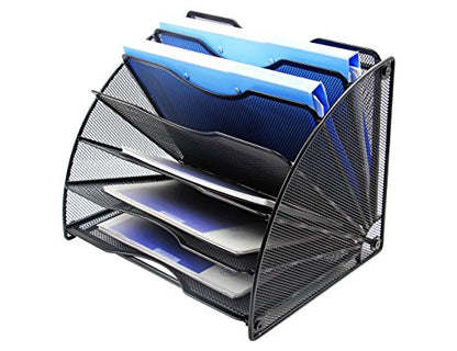 EasyPAG Desk File Organizer, 6-Section Vertical File Folder Holder Stand, Fan-Shaped Metal Rack File Sorter for Office Classroom Desktop Organization, Black
