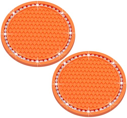 2PCS Bling Cup Holder Coaster, 2.75 Inch Auto Car Cup Holder Insert Coasters, Soft Silicone Anti-Slip Shockproof, Universal Vehicle Interior Accessories for Women Girls (Orange & White) - color: Orange & White, size: 2 pcs
