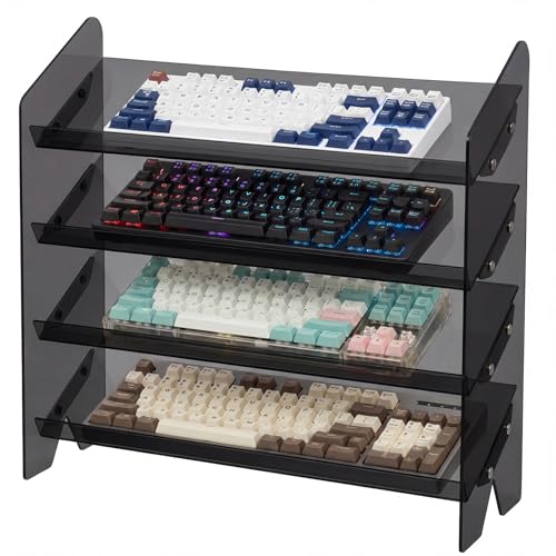 Sintuff 4 Tier Acrylic Keyboard Display Stand Black 16.54" x 5.91" for Mechanical Keyboards Keycaps Transparent Riser Shelf for Desk Setup Retail Store or Collectibles Showcase Computer Tablet Storage - color: Black