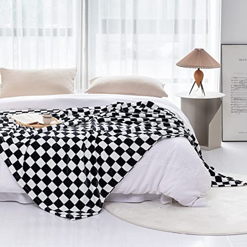 LOMAO Throw Blankets Flannel Blanket with Checkerboard Grid Pattern Soft Throw Blanket for Couch, Bed, Sofa Luxurious Warm and Cozy for All Seasons (Black, 90"x110") - color: Black, size: 90"x110"