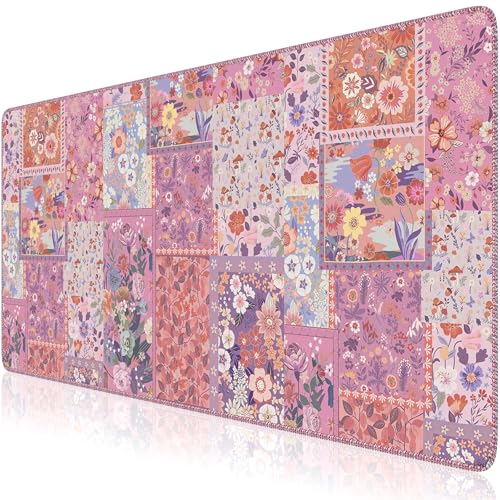 HAOCOO Rose Desk Cover Mat, Cute Floral Keyboard Mat with Stitched Edges, Pink Non-Slip Table Mat Desk Protector for Home Decor, 35.4“ x 15.7" Waterproof Mouse Pad for Office - color: Rose