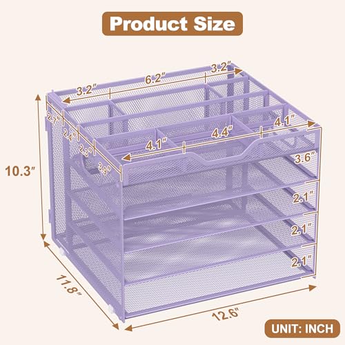 Docnest 5 Tier Letter Tray with Hanging File Organizer-Mesh Desk Organizer-Desktop Storage Box Built in Pen Holder and Handles, File Folder Holder for Mail Documents Office Supplies-Purple - color: 5 Tier Hanging File Organizer-purple