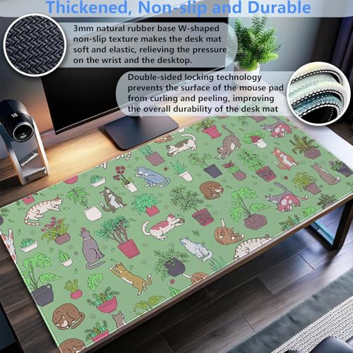 Extended Gaming Mouse Pad XL, Cute Cat Sage Green Desk Mat 31.5x15.7 | Charming large desk pad with a playful cats and potted plants print. Perfect for cozy, kawaii workspace setups. - color: Green Plants and Cats