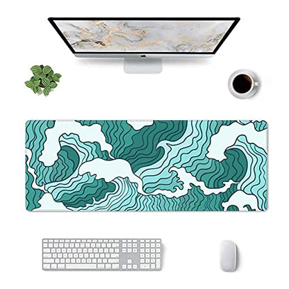Japanese Green and White Wave Gaming Mouse Pad XL, Non Slip Rubber Base Mousepad, Stitched Edges Desk Pad, Extended Large Mice Pad,31.5 X 11.8 Inch - color: Japanese Green and White Wave