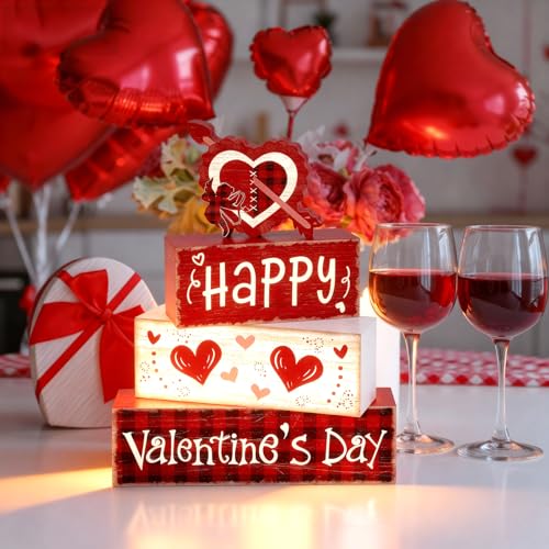 Britimes 4Pcs Valentine’s Day Table Decor Red Happy Valentine’s Day Heart Tiered Tray Decorations Set Rustic Farmhouse Wooden Stack Block Signs Plaid Romantic Tabletop Decor for Table Home Office - style: Cupid of Love Valentine