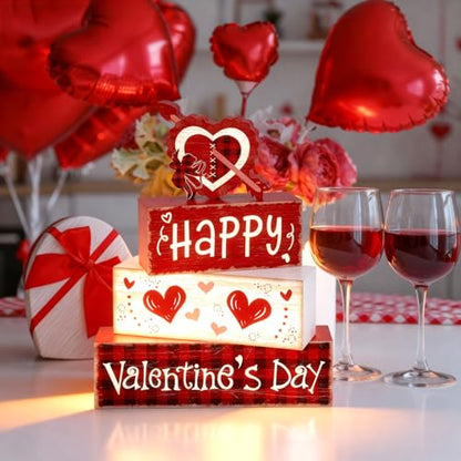 Britimes 4Pcs Valentine’s Day Table Decor Red Happy Valentine’s Day Heart Tiered Tray Decorations Set Rustic Farmhouse Wooden Stack Block Signs Plaid Romantic Tabletop Decor for Table Home Office - style: Cupid of Love Valentine