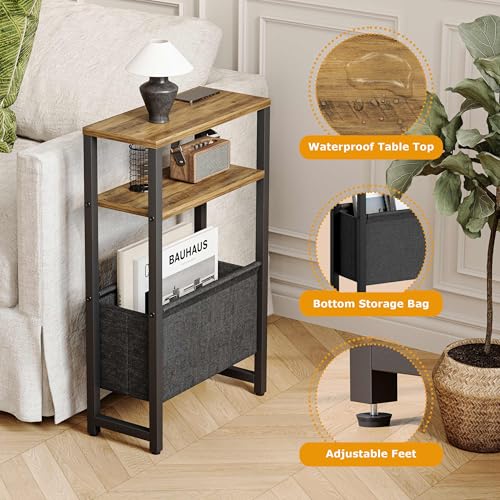 Narrow Side Table, Slim End Table with Magazine Rack, Skinny Bedside Table for Small Spaces, 3 Tier Sofa Couch Table Nightstand for Living Room, Bedroom, Walnut Brown LET503BR - color: Walnut Brown, style: No Charging Station