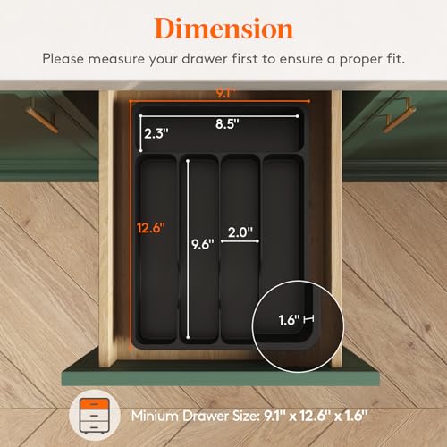 Lifewit Silverware Drawer Organizer Tray, Plastic Cutlery Storage for Kitchen, Flatware and Utensil Holder Divider for Spoons Forks Knives Tableware, 9.1 x 12.6", 5 Slots, Black - color: Black, size: 9.1 x 12.6 inch (5 Slots)