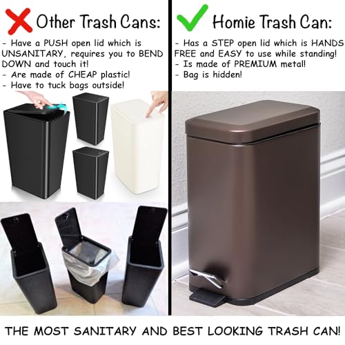 Homie Soft Close, Slim Trash Can 1.6 Gallon with Anti - Bag Slip Liner and Lid, Use as Mini Garbage Basket, Slim Dust Bin, or Decor in Bathroom, Restroom, Kitchen, or Bedroom (Bronze) - size: 1.6 Gallon