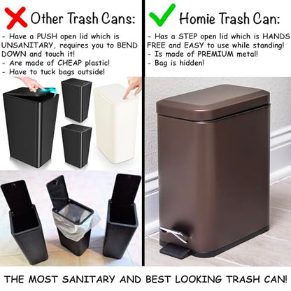Homie Soft Close, Slim Trash Can 3.2 Gallon with Anti - Bag Slip Liner and Lid, Use as Mini Garbage Basket, Slim Dust Bin, or Decor in Bathroom, Restroom, Kitchen, or Bedroom (Bronze) - size: 3.2 Gallon