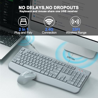 Wireless Keyboard and Mouse Combo, ULSOU 2.4G Full-Sized Ergonomic Computer Keyboard with Wrist Rest and 3 Level DPI Adjustable Wireless Mouse for Windows, Mac OS Desktop/Laptop/PC(Grey) - color: Grey
