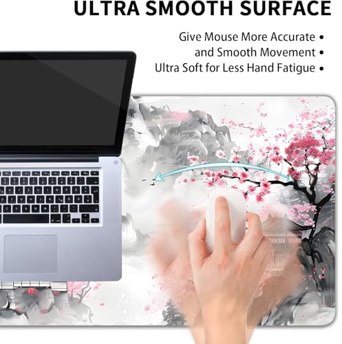 Japanese Cherry Blossom Large Mouse Pad,Gaming Keyboard Desk Pad,Extended Mouse Mat Non-Slip Rubber Base with Stitched Edges for Office Game Home XXL 35.4"x15.7" - color: Cherry Blossom, size: 35.4L x 15.7W inches