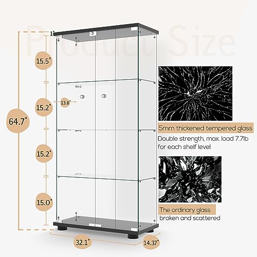 Display Cabinet with Glass Door and Lock, 4-Shelf Fast Installation in 30 Mins Curio Cabinets with 5mm Tempered Glass Floor Standing Bookshelf for Bedroom, Living Room (65'' x32'' x14'', Black) - color: 2-door 4-shelf, Black
