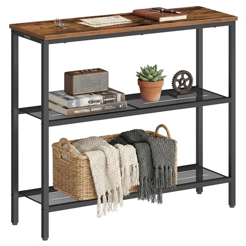 VASAGLE BARNET Collection - Console Table, Thin Narrow Entryway Doorway Table, One Piece Top, for Hallway Bedroom, Steel Frame, Modern, 3 Tier, 2 Mesh Shelves, Rustic Brown and Ink Black ULNT037KD01S - color: Rustic Brown + Ink Black, size: 3 Tiers (9.4"D