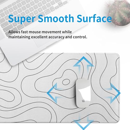 White Large Gaming Mouse Pad Desk Pad Topographic Map Big Keyboard Mat 31.5x11.8inch Computer Mousepad with Stitched Edge Non-Slip Rubber Base - color: White Topographic Map