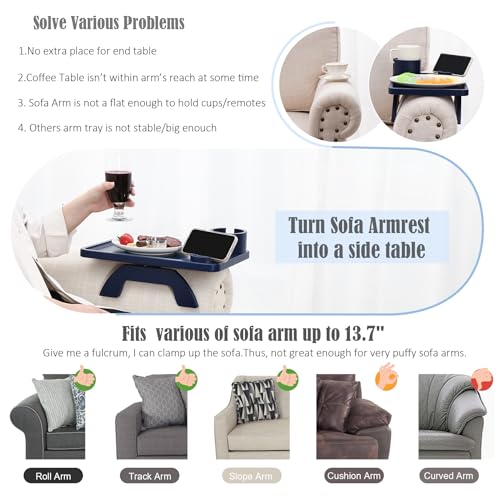 Nnewvante Couch Arm Tray,3 in 1 Large 15.36"x9.85" Bamboo Couch Table Armrest Sofa Arm Clip on Tray Table with 360°Rotated Phone/Cup Holder,Navy Blue - color: Navyblue