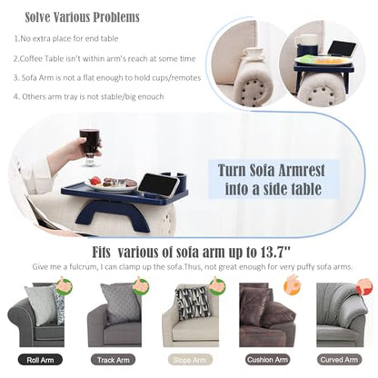 Nnewvante Couch Arm Tray,3 in 1 Large 15.36"x9.85" Bamboo Couch Table Armrest Sofa Arm Clip on Tray Table with 360°Rotated Phone/Cup Holder,Navy Blue - color: Navyblue