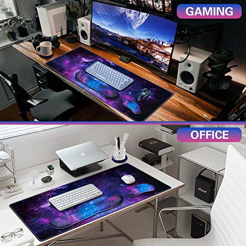 Canjoy Gaming Mouse Pad Set, 4-in-1 XXL Large Mouse Pad + Keyboard Wrist Rest Support+ Coaster, (35.4×15.7 in) Extended Desk Pad Memory Foam Non-Slip Desk Mat for Home Office - color: Blue Galaxy