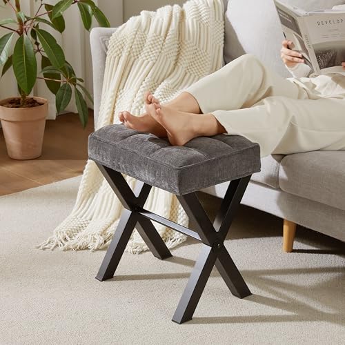 Royal Windsor Vanity Stool,Square Ottoman Stool Foot Rest,Upholstered Vanity Chair Foot Stool with Metal X Legs, Small Vanity seat for Entryway,Bedroom and Living Room,Linen Dark Grey - color: 12.6"d Dark Grey+black