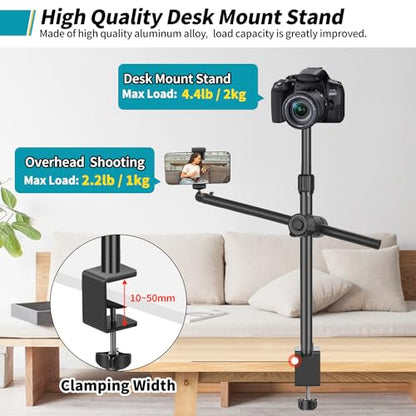 Camera Desk Mount Webcam Stand with Overhead Articulating Magic Boom Arm 1/4" Ball Head for DSLR Tripod, Adjustable Light Stand, Tabletop C Clamp for Ring Light Photo Video Shooting Live Streaming - size: 2DFPGYL