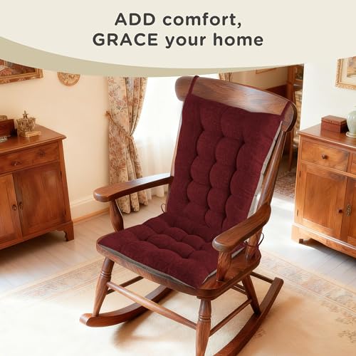 AddGrace Non-Slip Rocking Chair Cushion Extra Large Linen Thick Chair Pads Durable High Back Seat Cushions with Ties Set of 2 Burgundy - color: Burgundy