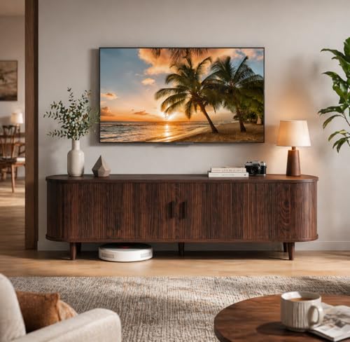MXV 58" Mid-Century Modern TV Stand with Sliding Doors, TV Consoles with Power Outlet, Fluted Entertainment Center with Adjustable Shelves for Living Room - color: Walnut, size: 58in