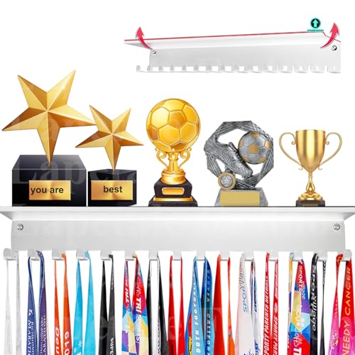 Non-Slip Trophy Shelf,Trophy and Medal Display Shelf, Medal Hanger Display For Wall with 16inchL,Shelves For Trophies medal display Upgraded Medal Holder display For gymanstics,race,soccer,swim - color: White, size: Non Slip-16 Inches Long 15 hooks
